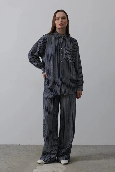 Çizgili Cep Detaylı Oversize Takım - Lacivert - 2