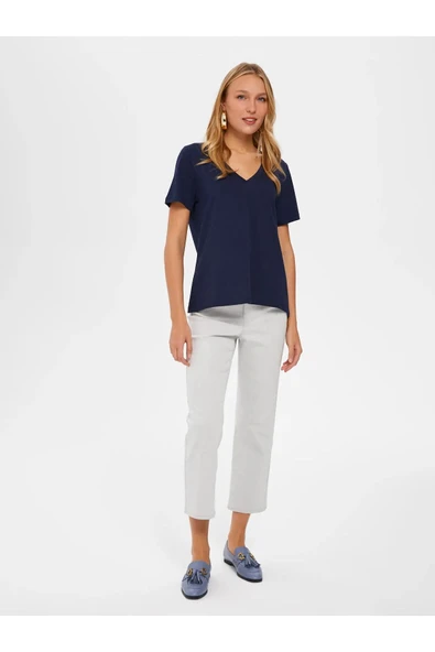 Faik Sönmez Minimalist V Yaka Kısa Kol Kadın T-Shirt - Günlük Şıklık - 5