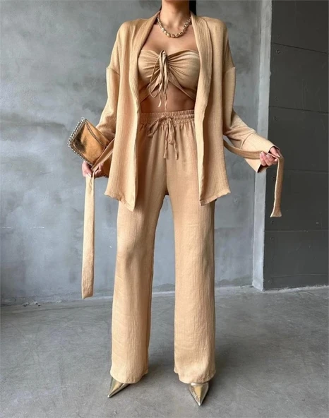 SATEN KİMONO - CROP BLUZ - PANTOLON TAKIM - Bej - 3