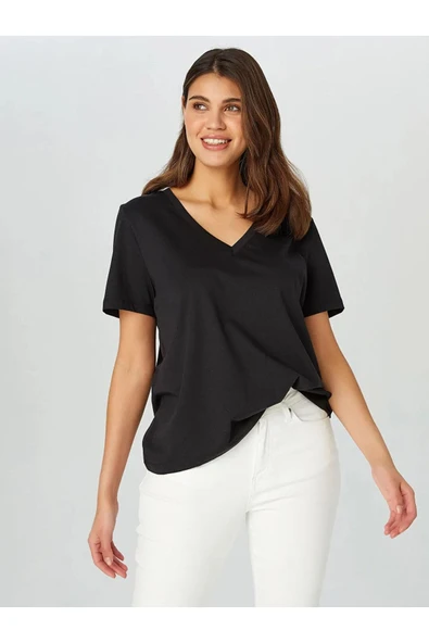Faik Sönmez Minimalist V Yaka Kısa Kol Kadın T-Shirt - Günlük Şıklık - 8