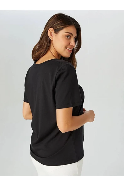 Faik Sönmez Minimalist V Yaka Kısa Kol Kadın T-Shirt - Günlük Şıklık - 11