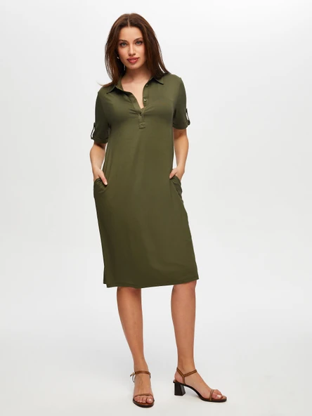 Faik Sönmez Polo Yaka Kısa Kollu Midi Elbise - Günlük Şıklık ürün görseli 1
