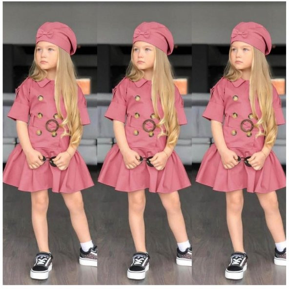 Kız Çocuk Şapkalı Pembe Trenç Elbise
