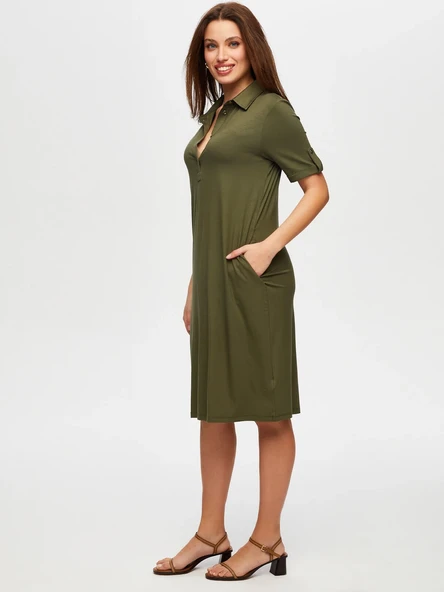 Faik Sönmez Polo Yaka Kısa Kollu Midi Elbise - Günlük Şıklık - Resim 3