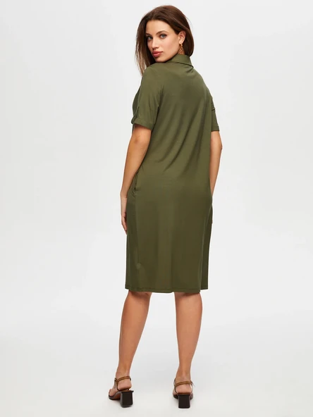 Faik Sönmez Polo Yaka Kısa Kollu Midi Elbise - Günlük Şıklık - Resim 4