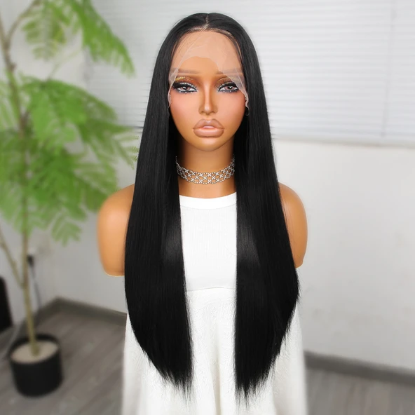 Siyah Fiber Sentetik Düz Tül Peruk - Resim 2