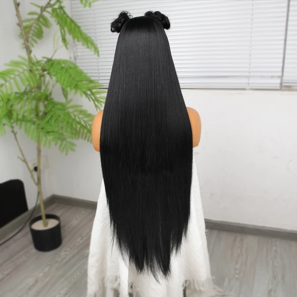 Ekstra Uzun Siyah Fiber Sentetik Düz Tül Peruk - 6
