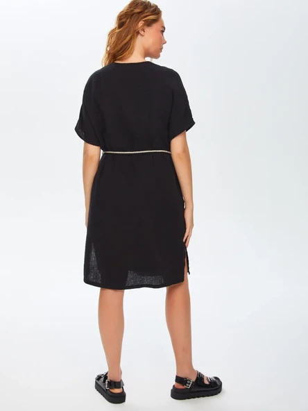 Faik Sönmez Nakışlı Oversize V Yaka Midi Günlük Elbise - Resim 15