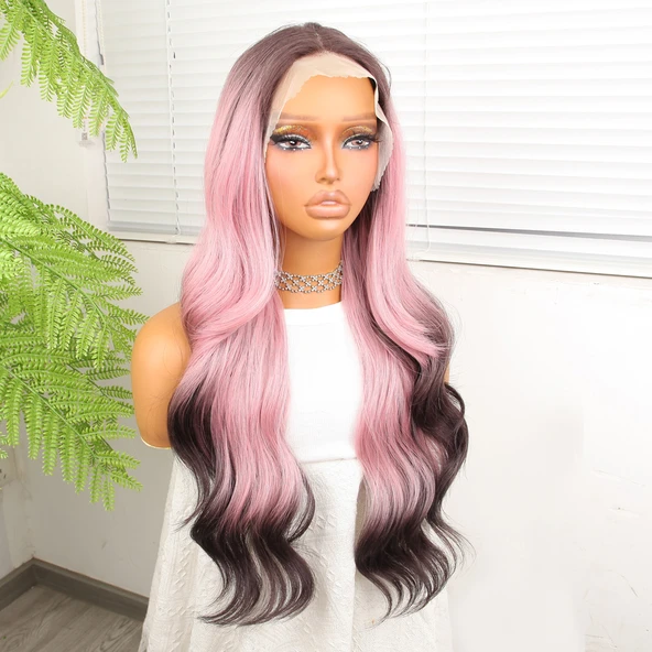 Siyah Pembe Ombre Fiber Sentetik Tül Peruk - Resim 3