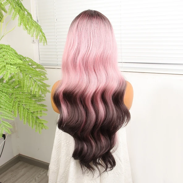 Siyah Pembe Ombre Fiber Sentetik Tül Peruk - Resim 5
