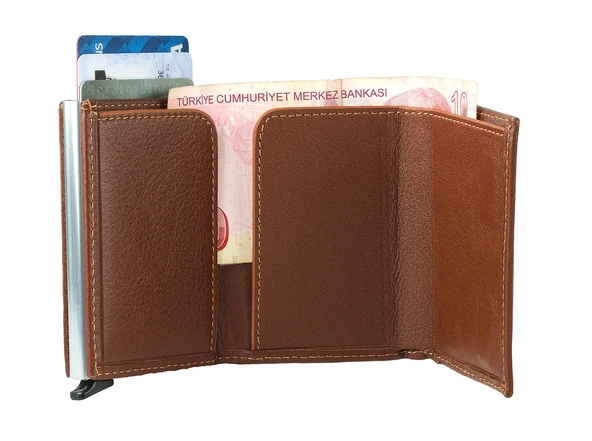 Bagacar Camel Unisex Hakiki Deri Mekanizmalı Otomatik Kızaklı Kartlık Cüzdan - 4