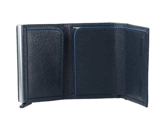 Bagacar Lacivert Unisex Hakiki Deri Mekanizmalı Otomatik Kızaklı Kartlık Cüzdan - 5
