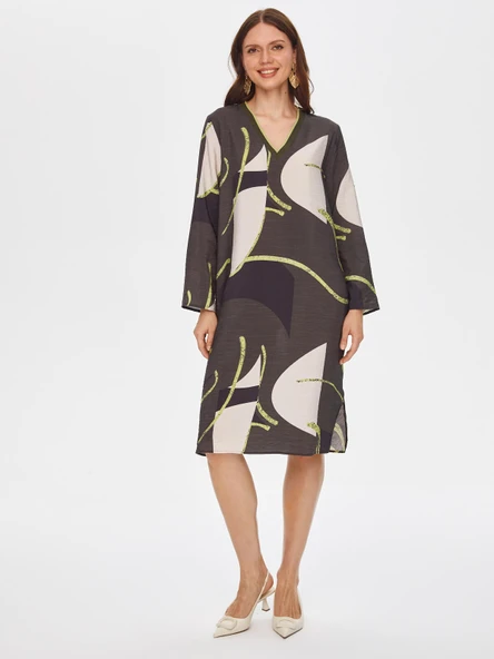 Faik Sönmez Minimalist V Yaka Uzun Kol Midi Elbise