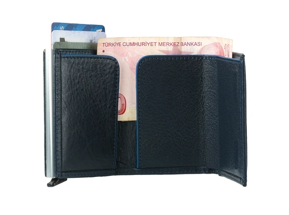 Bagacar Lacivert Unisex Hakiki Deri Mekanizmalı Otomatik Kızaklı Kartlık Cüzdan - 2