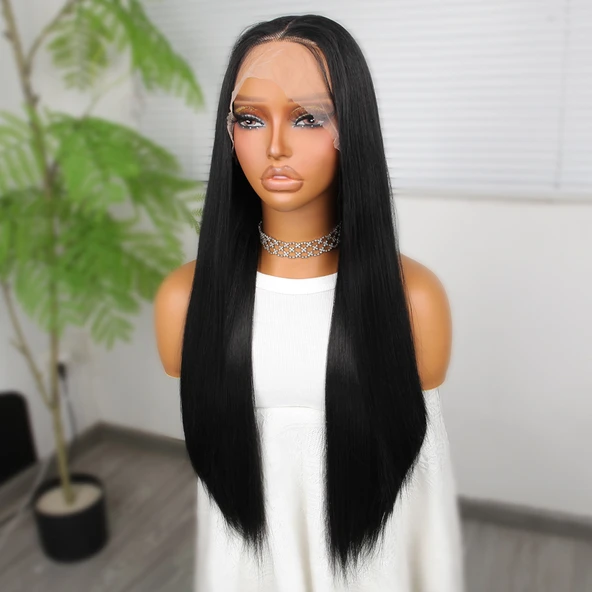 Siyah Fiber Sentetik Düz Tül Peruk - Resim 4