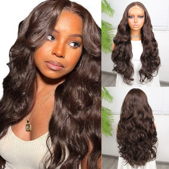 Gür Yoğun Su Dalgalı Koyu Kumral Fiber Sentetik Uzun Tül Peruk ürün görseli 1