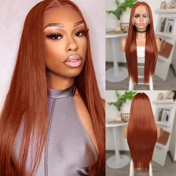 Koyu Bakır Ekstra Uzun Fiber Sentetik Düz Tül Peruk ürün görseli 1