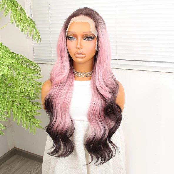 Siyah Pembe Ombre Fiber Sentetik Tül Peruk - Resim 4