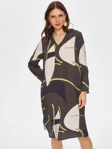 Faik Sönmez Minimalist V Yaka Uzun Kol Midi Elbise - 4