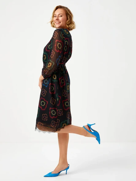 Faik Sönmez Midi Boy Çiçekli Şifon Elbise - V Yaka - 3/4 Kol - Dantel Detay - Resim 4