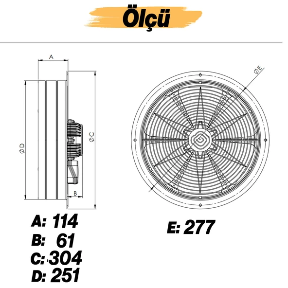 Havalandırma Aspiratörü Fanı 65 W Monofaze Kirli Hava Kötü Koku Tahliye Metal Fan 250 mm Vantilatör - Resim 2