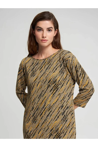 Faik Sönmez Minimalist Midi Günlük Elbise - 3/4 Kol Yuvarlak Yaka - Resim 2