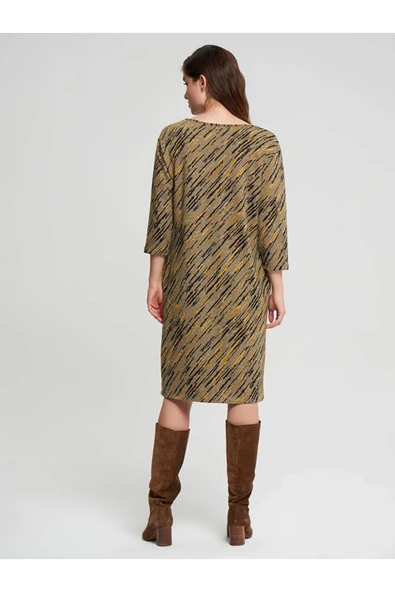 Faik Sönmez Minimalist Midi Günlük Elbise - 3/4 Kol Yuvarlak Yaka - Resim 4