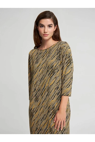 Faik Sönmez Minimalist Midi Günlük Elbise - 3/4 Kol Yuvarlak Yaka - Resim 3