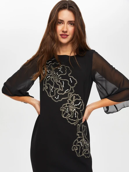 Faik Sönmez Şifon Detaylı Maxi Elbise - 3/4 Kol, Yuvarlak Yaka - Özel Gün - 7