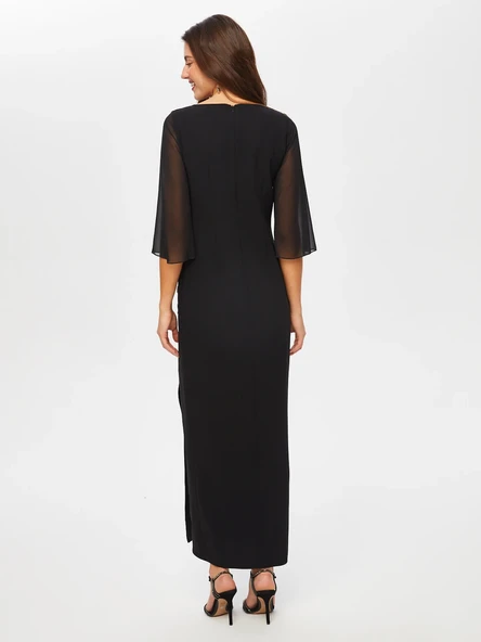 Faik Sönmez Şifon Detaylı Maxi Elbise - 3/4 Kol, Yuvarlak Yaka - Özel Gün - 5