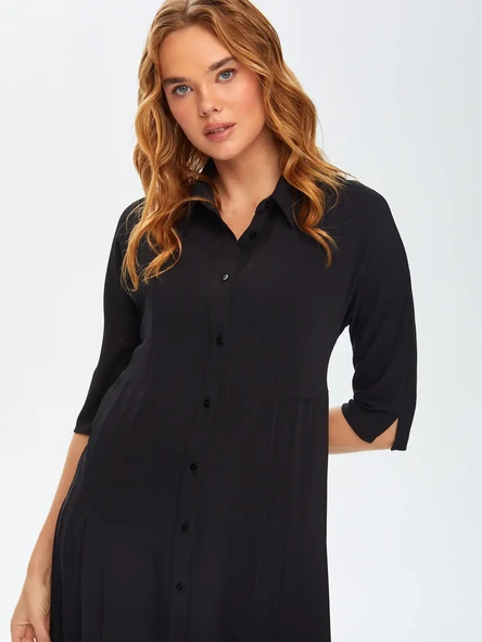 Faik Sönmez Minimalist Midi Pileli Gömlek Yaka Elbise - 4