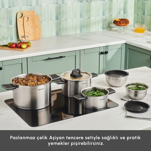 Karaca Aşiyan Katlanabilir Kulplu 10 Parça Çelik Tencere Seti - Resim 4