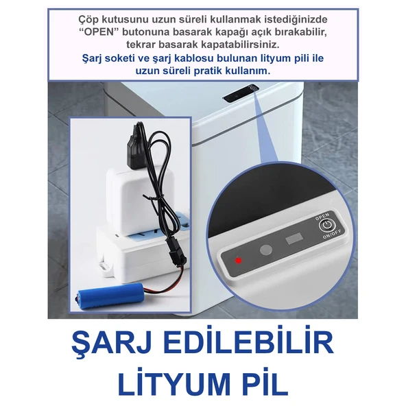 Greentech Sensörlü 16 Litre Çöp Kovası (Şarj Edilebilir Lityum Pilli) / GT-SC03 - 2