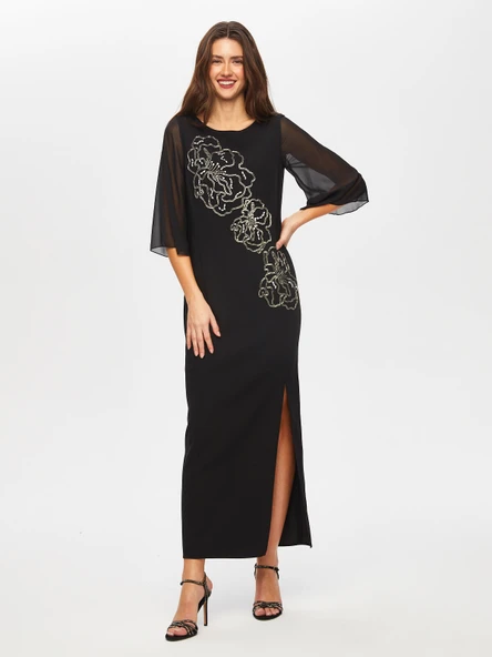 Faik Sönmez Şifon Detaylı Maxi Elbise - 3/4 Kol, Yuvarlak Yaka - Özel Gün