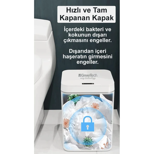 Greentech Sensörlü 16 Litre Çöp Kovası (Şarj Edilebilir Lityum Pilli) / GT-SC03 - 3