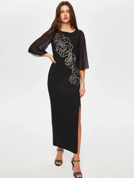 Faik Sönmez Şifon Detaylı Maxi Elbise - 3/4 Kol, Yuvarlak Yaka - Özel Gün - 2