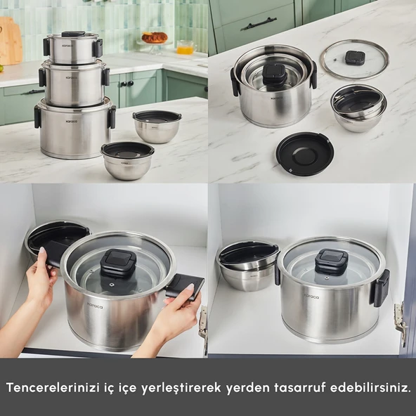 Karaca Aşiyan Katlanabilir Kulplu 10 Parça Çelik Tencere Seti - Resim 6