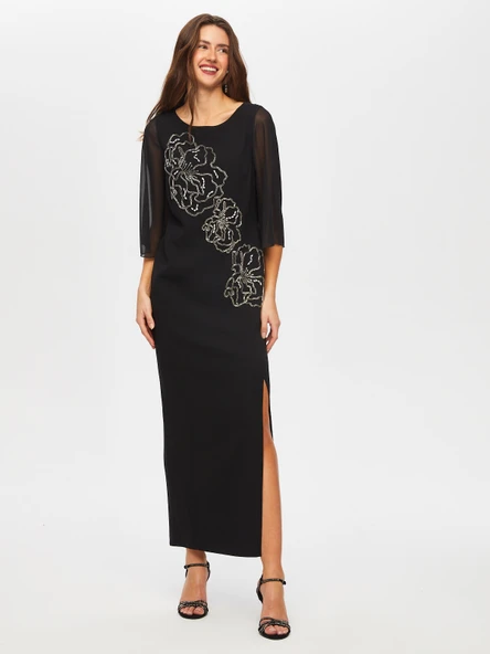 Faik Sönmez Şifon Detaylı Maxi Elbise - 3/4 Kol, Yuvarlak Yaka - Özel Gün - 4