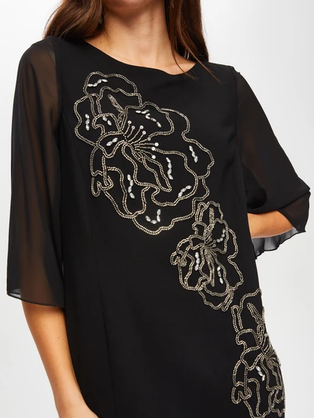 Faik Sönmez Şifon Detaylı Maxi Elbise - 3/4 Kol, Yuvarlak Yaka - Özel Gün - 9