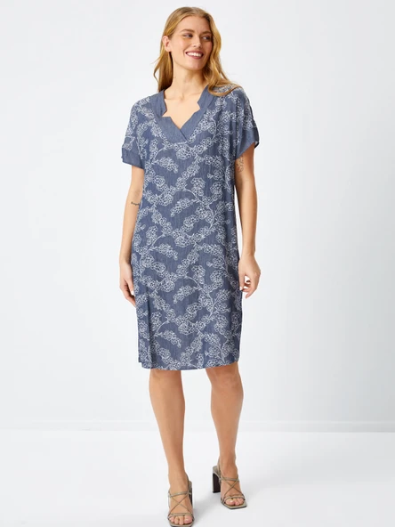 Faik Sönmez Minimalist Çiçek Desenli Midi V Yaka Elbise