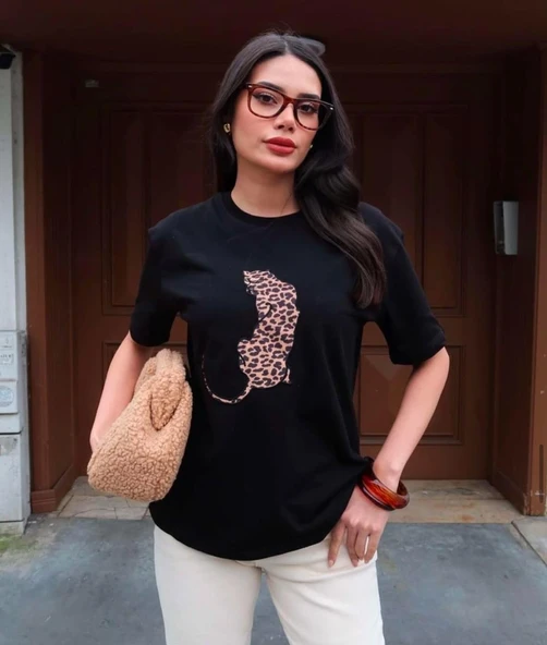 Leopar Hayvan Baskılı Oversıze Kadın T-SHIRT - 7