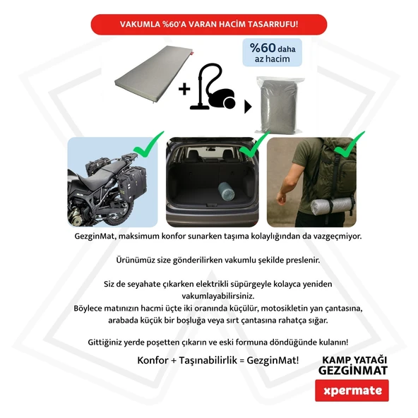 XPERMATE GezginMat Kamp Yatağı Taşıma Çantalı Kamp Matı Fermuarlı Kamp Minderi Çadır Matı Su itici Kumaş 90x190x6cm - Resim 3