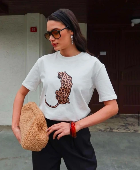 Leopar Hayvan Baskılı Oversıze Kadın T-SHIRT - 10
