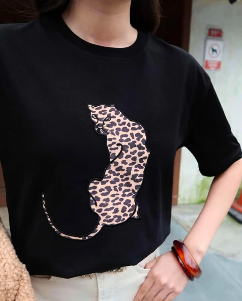 Leopar Hayvan Baskılı Oversıze Kadın T-SHIRT - 5