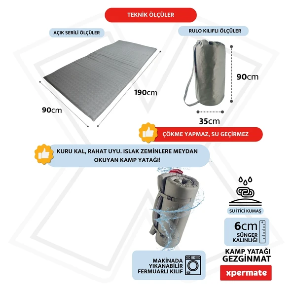XPERMATE GezginMat Kamp Yatağı Taşıma Çantalı Kamp Matı Fermuarlı Kamp Minderi Çadır Matı Su itici Kumaş 90x190x6cm - Resim 2