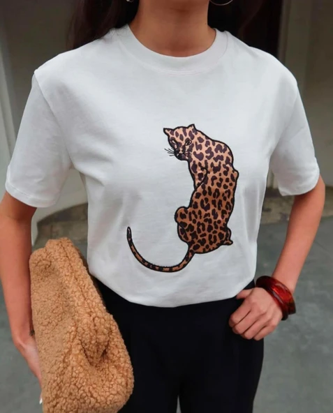 Leopar Hayvan Baskılı Oversıze Kadın T-SHIRT - 11