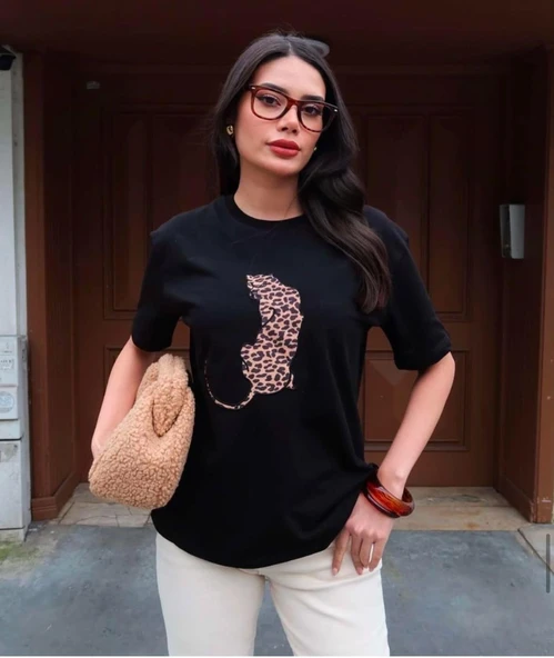 Leopar Hayvan Baskılı Oversıze Kadın T-SHIRT - 9