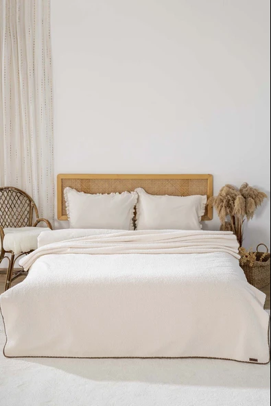 Krem Valencia Sherpa Çift Kişilik Peluş Battaniye - 3