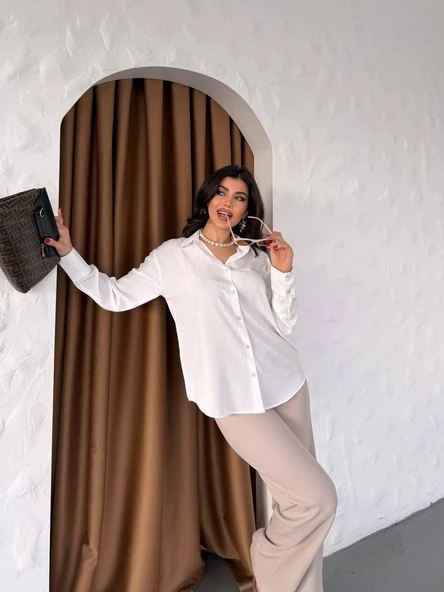Saten Gri Simli Oversıze Uzun Kollu Düğmeli Gömlek