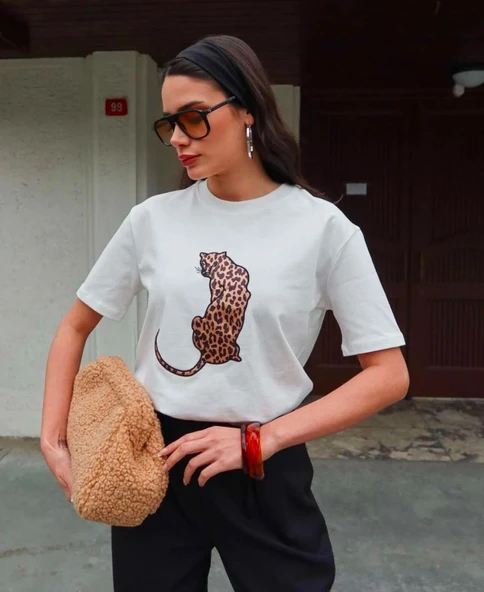 Leopar Hayvan Baskılı Oversıze Kadın T-SHIRT - 12